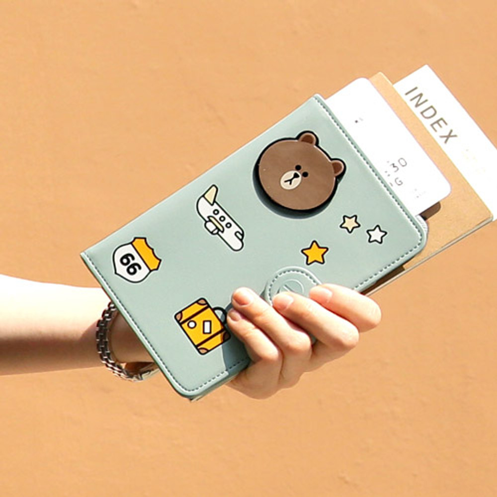 Brown - Line friends RFID blocking passport case with leather sticker 