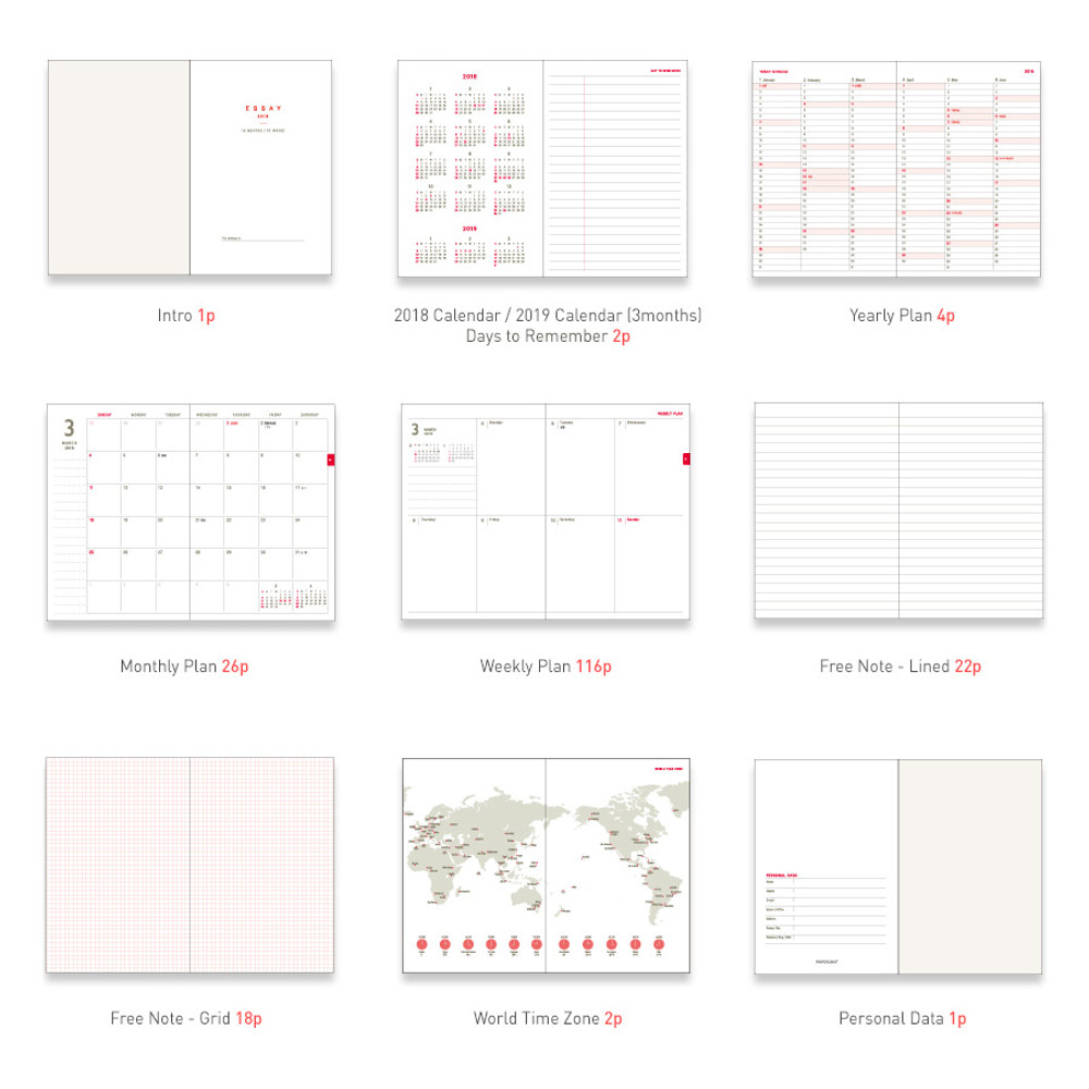 Composition of 2018 Essay A6 dated hardcover weekly diary