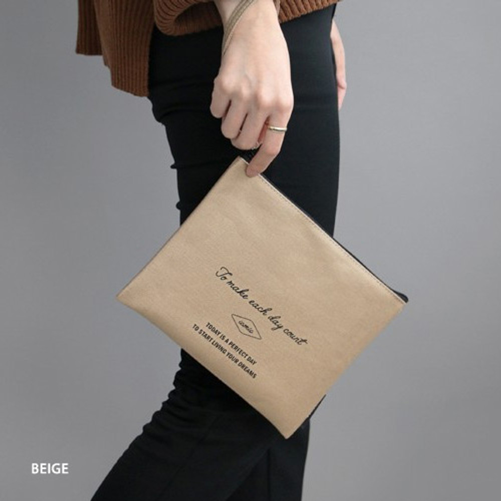 Beige - ICONIC Plain cotton flat zipper large pouch with strap
