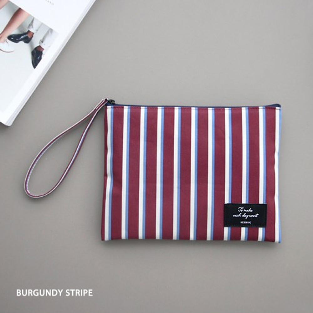 Burgundy stripe - ICONIC Plain cotton flat zipper large pouch with strap