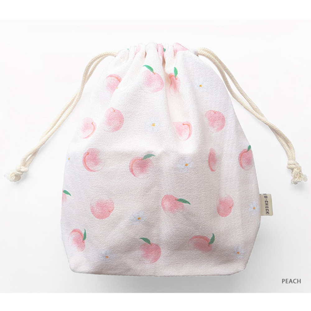 Peach - O-check Pattern large cotton drawstring pouch