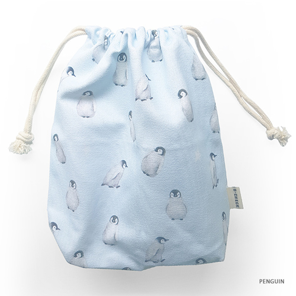 Penguin - O-check Pattern large cotton drawstring pouch