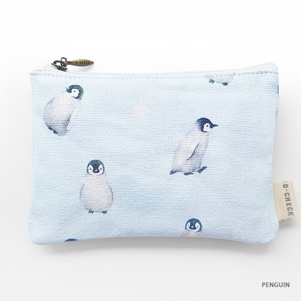 Penguin - O-check Pattern small cotton flat zipper pouch