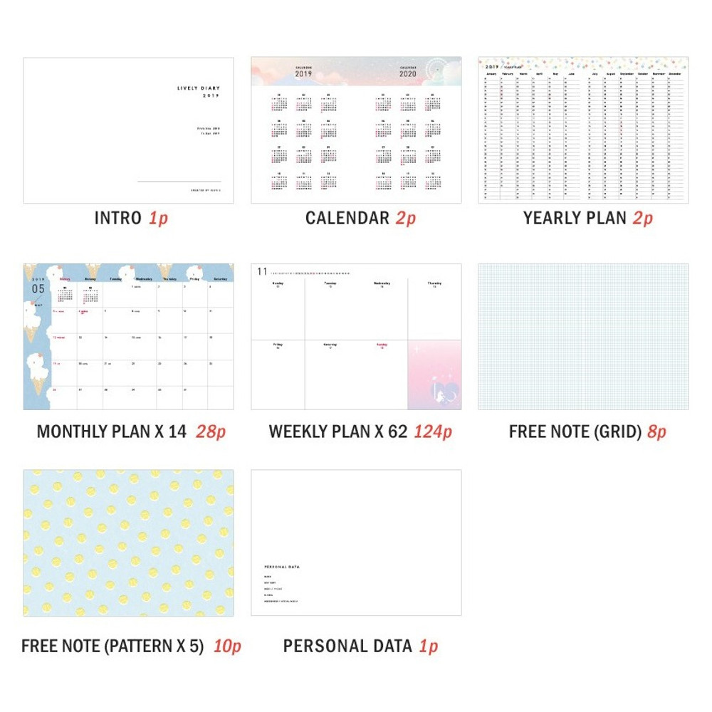 Composition of 2019 Lively illustration dated weekly diary