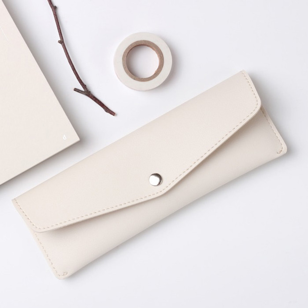 Cream chiffon - Merci PU stitched slim pencil case pouch