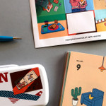 Usage example - Design comma-B Retro illustration squared paper sticker