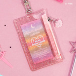 Pink - Dear moonlight twinkle zipper card case with neck strap