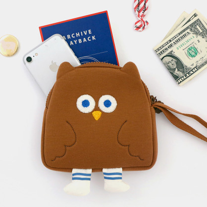 ROMANE Brunch Brother Fly owl zipper pouch with a strap