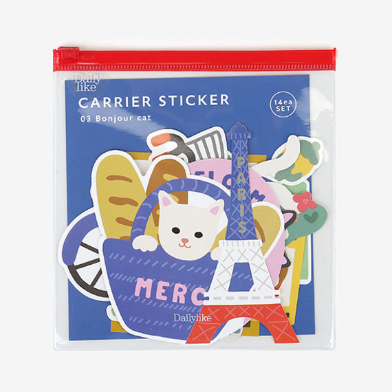 Dailylike Bonjour cat PVC luggage deco sticker pack with zip pouch