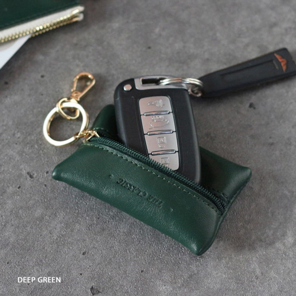 Deep green - Classic cowhide leather small zipper pocket with key ring