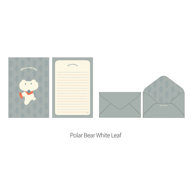 Polar Bear White Leaf - Brunch Brother Letter Paper and Envelope Set