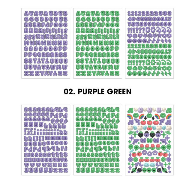 Purple green - Alphabet Puffy Removable Sticker Pack
