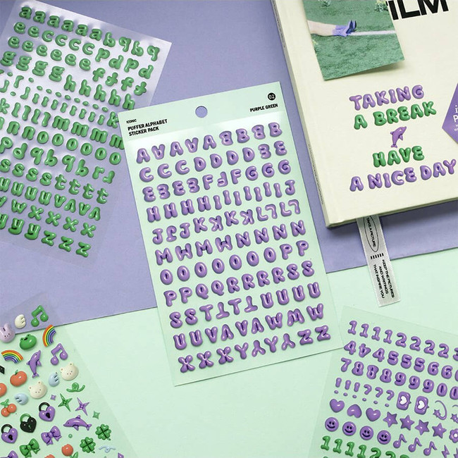 Purple green - Alphabet Puffy Removable Sticker Pack