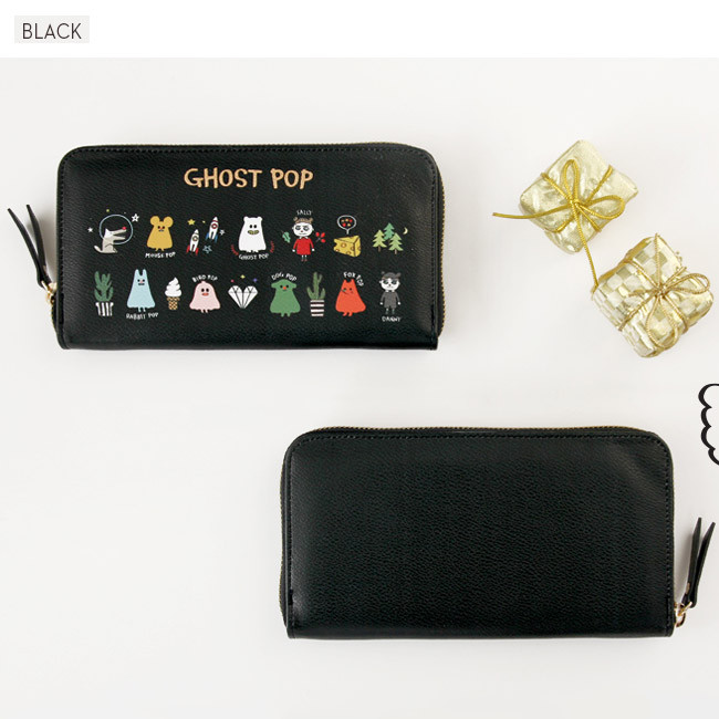 Black - Ghost pop zip around medium long wallet