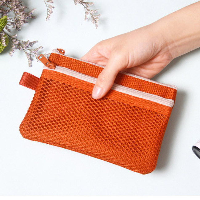 Orange - Double pocket mesh zipper pouch small