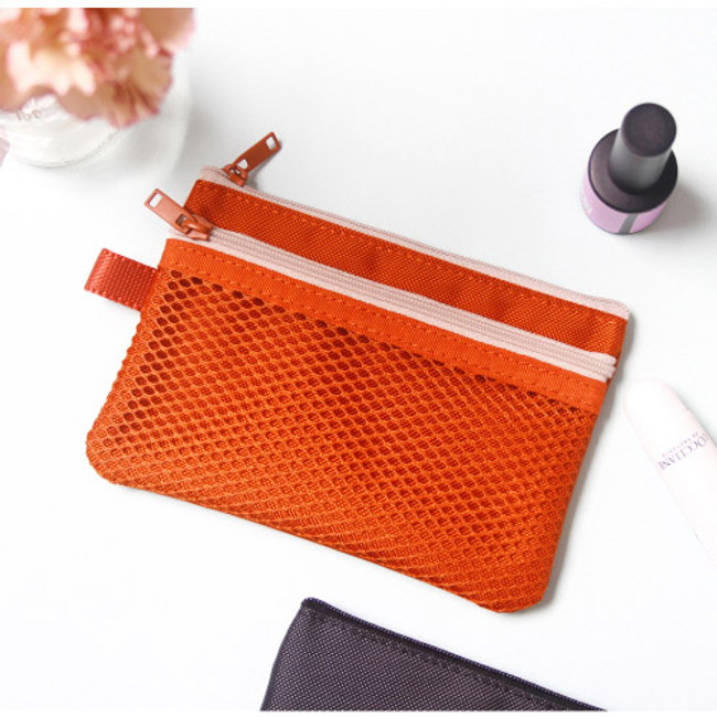 Orange - Double pocket mesh zipper pouch small