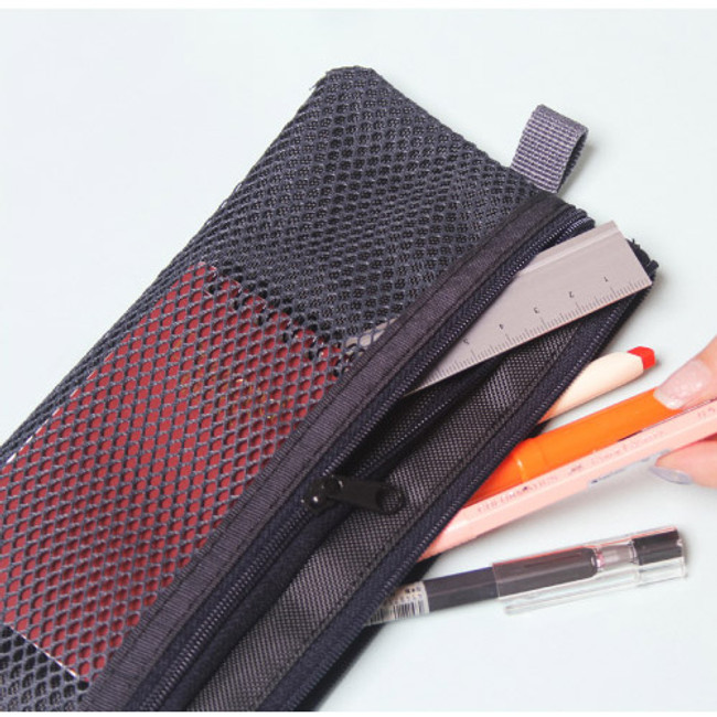 Black - Double pocket mesh zipper pen pouch