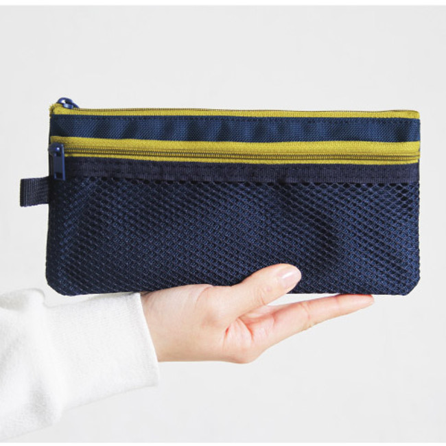 Navy - Double pocket mesh zipper pen pouch