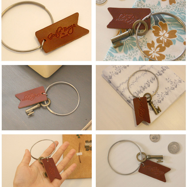 Detail of leather label key ring brown