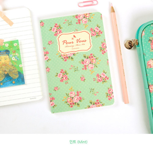 Mint - Blooming flower pattern lined notebook small 