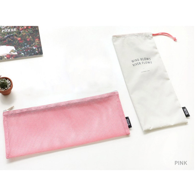 Pink - Mesh travel long pouch and drawstring pouch