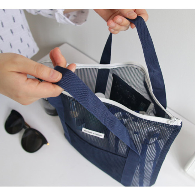 Navy - travel mesh tote bag pouch