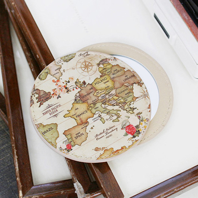 Antique - World map pattern round handy mirror