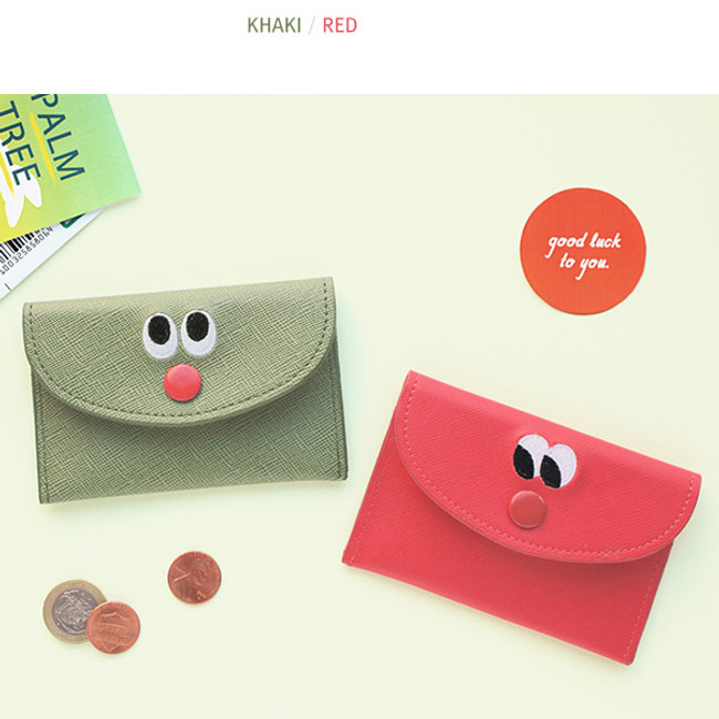 Khaki, Red - Som Som stitching pocket card case