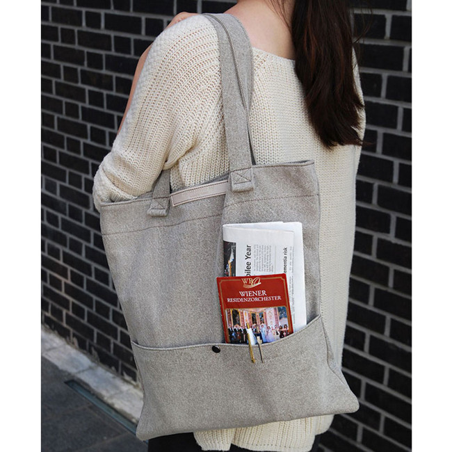 Beige - Holiday layered pocket tote shoulder bag