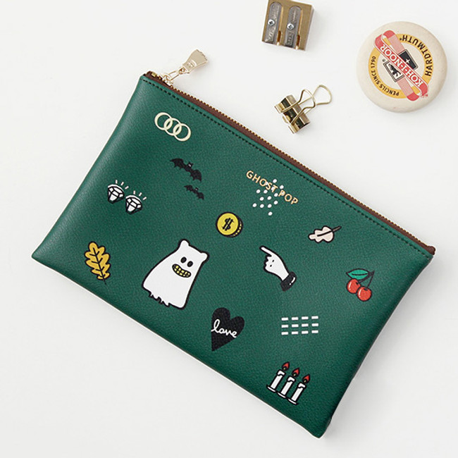 Green - Ghost pop cute illustration zipper pouch M ver.2