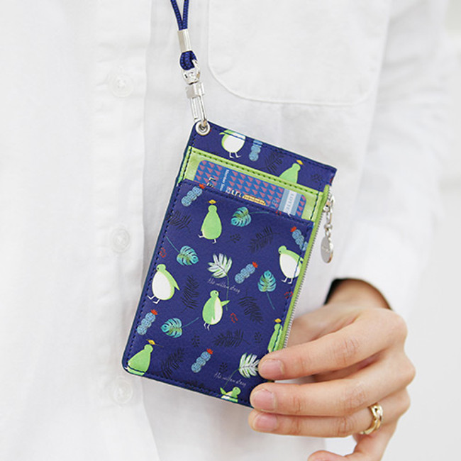 Navy - Willow story pattern zip flat card holder case ver.3 