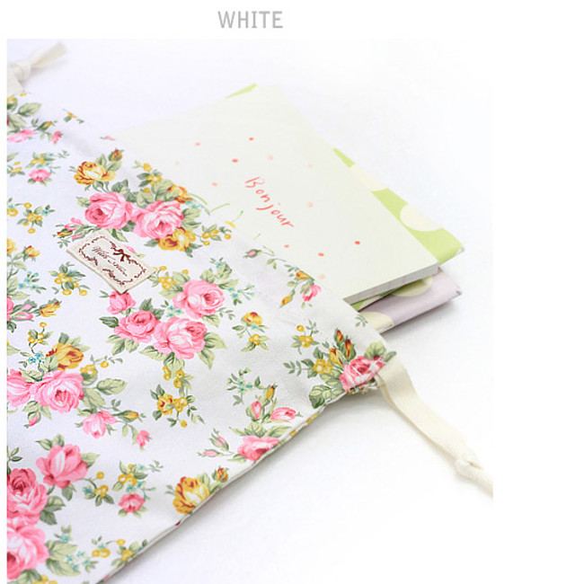 White - Vintage flower pattern cotton drawstring pouch