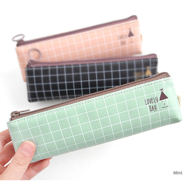 Mint - Pastel check pattern zipper pencil case