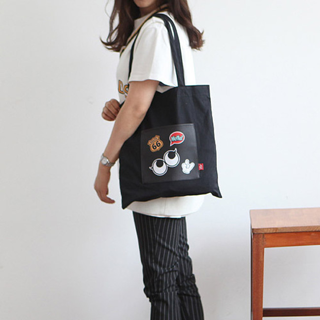 Black - Afternoon Hello cotton shoulder tote bag