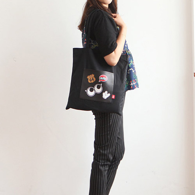 Black - Afternoon Hello cotton shoulder tote bag