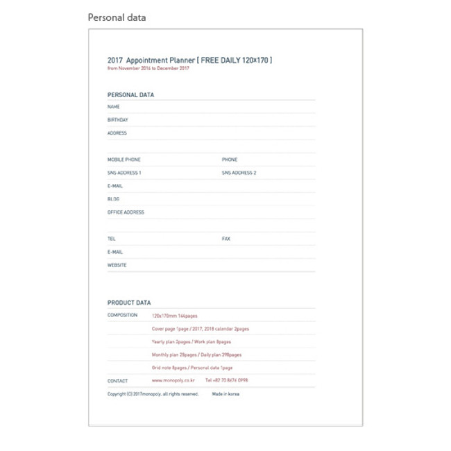 Personal data - 2017 Monopoly Appointment free dated daily planner