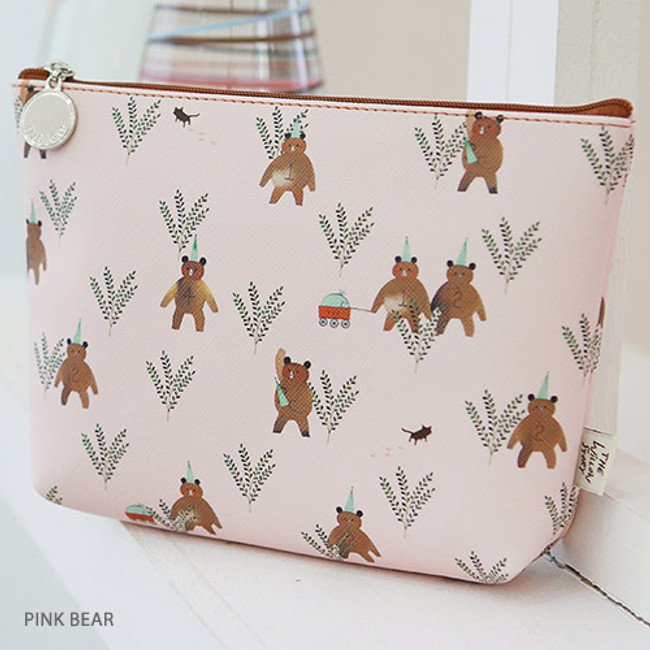 Pink bear - Willow illustration pattern  pouch