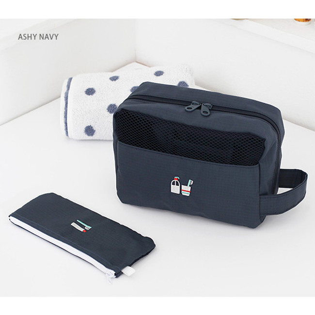 Ashy navy - Travel toiletry bag and toothbrush pouch set 