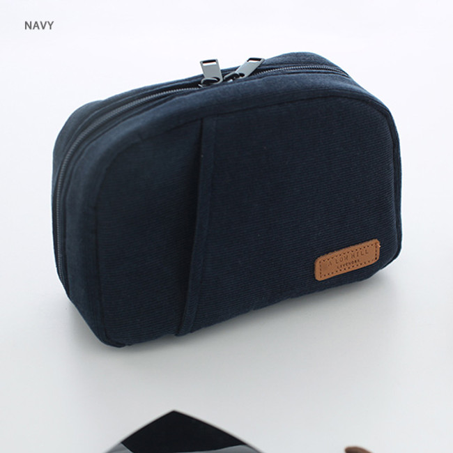 Navy - A low hill winter corduroy zip around small cosmetic pouch