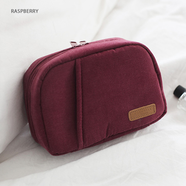 Raspberry - A low hill winter corduroy zip around small cosmetic pouch