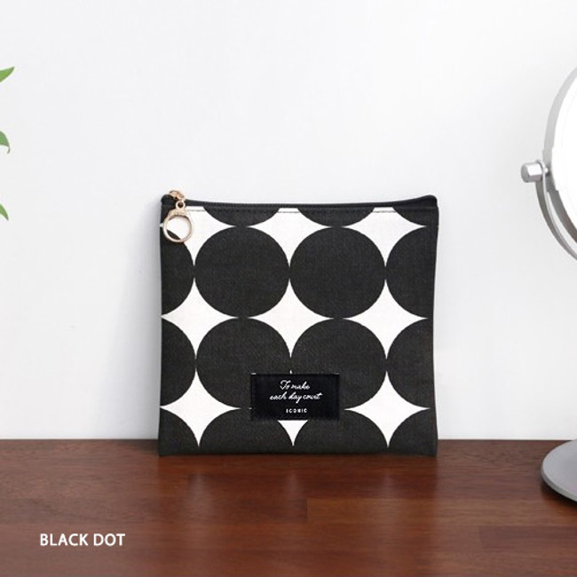 Black dot - ICONIC Plain cotton flat zipper medium pouch with ring