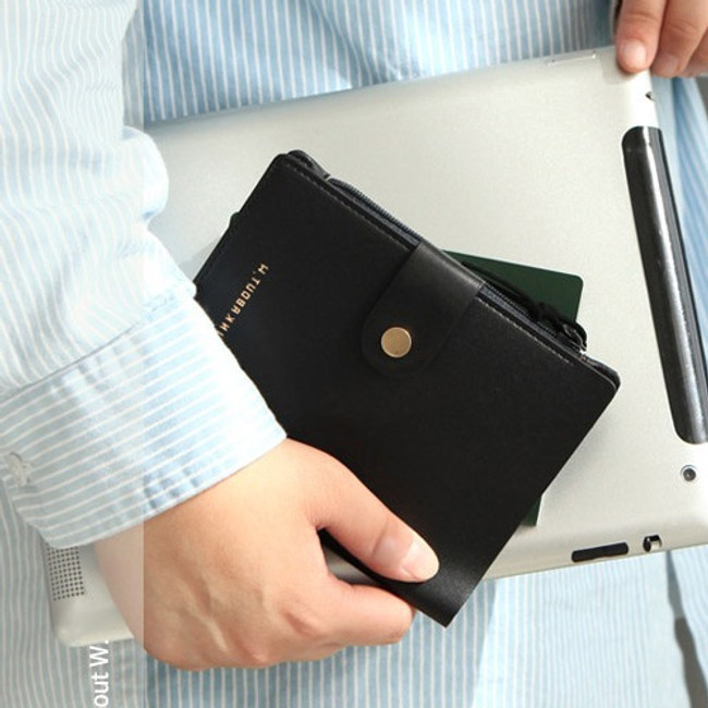 Black - Think about W passport case wallet with zipper pocket