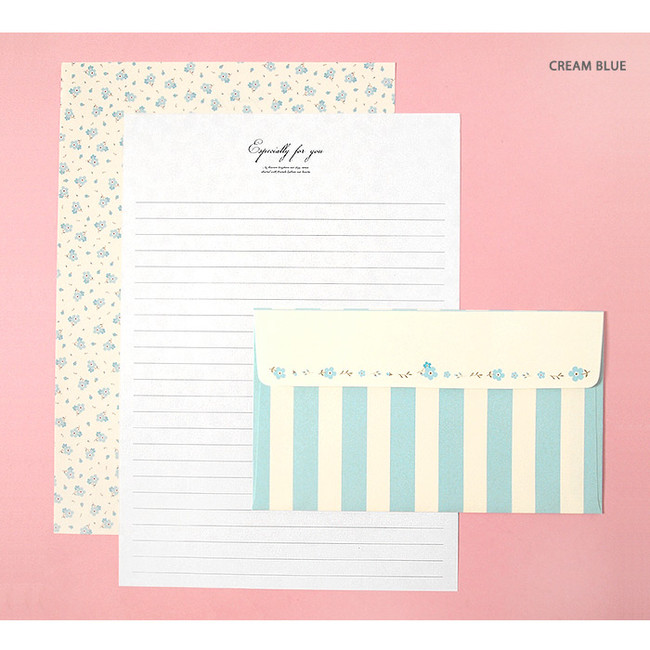 Cream blue - Soft flower pattern letter paper and envelope