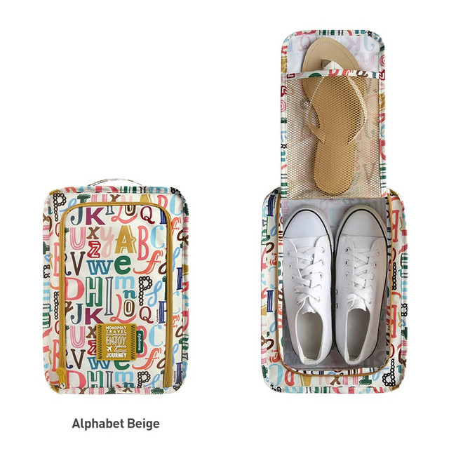 Alphabet beige - Monopoly Enjoy journey travel zip shoes pouch bag