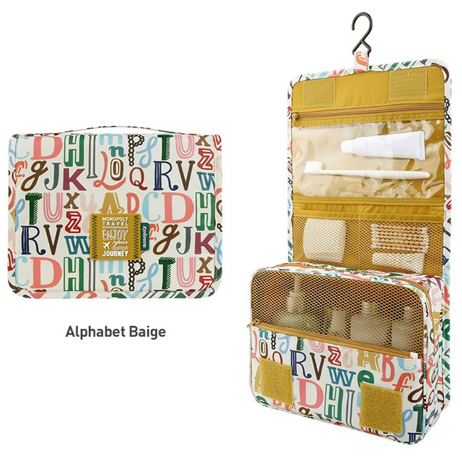 Alphabet beige - Enjoy journey large travel hanging toiletry pouch bag