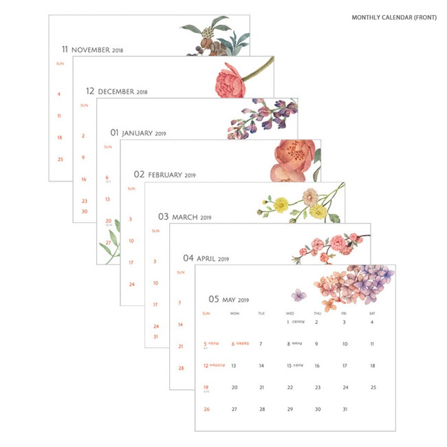 Front of Monthly calendar - 2019 Mercibloom spiral desk calendar