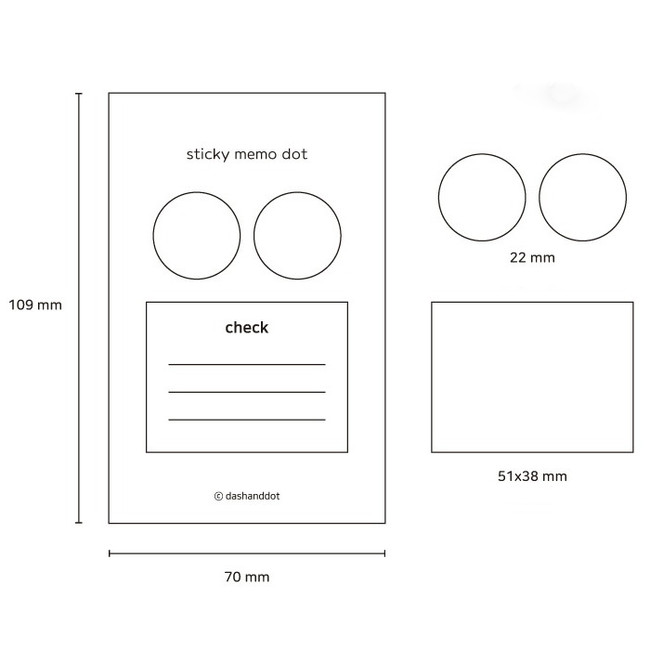 Size - Dash and Dot Dots and check memo notes sticky notepad