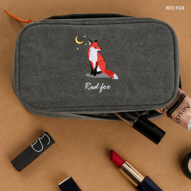 Red fox - Wanna This Tailorbird embroidered medium cosmetic makeup pouch ver3