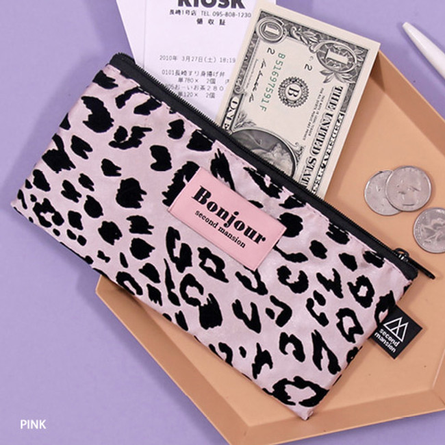 Pink - Second Mansion Bonjour leopard zipper pencil pen case pouch