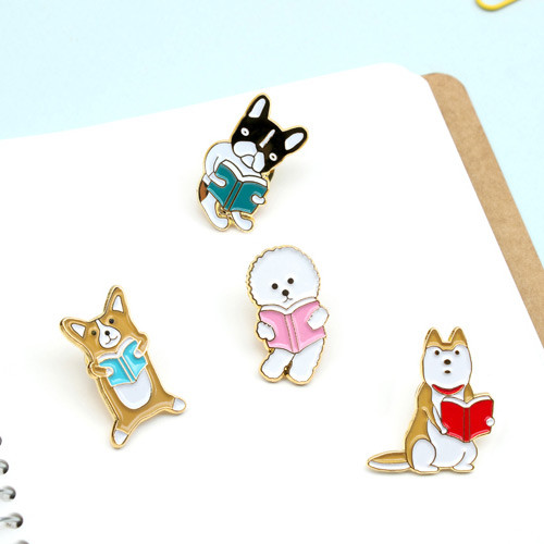 Lovely puppy reading a book badge